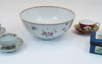 Two Chinese cups and saucers, late 19th century, modelled as flowers, decorated with figures and goats within scrolling foliate border, on encrusted stem supports, cups 5.2cm high, saucers 11.5cm dia., together with a Chinese style porcelain and...