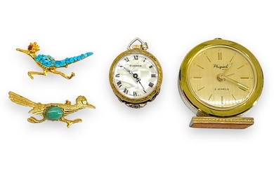 Two Fun Roadrunner Pins, Cameo Pendant/Watch and a Vintage "Mini" Desk Clock