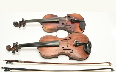 Two Violins with Stradivarius Labels and Two Bows.