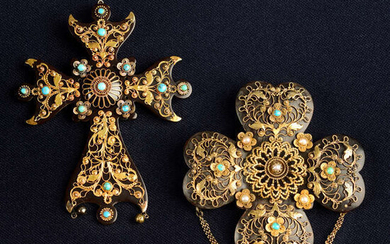 Two early 19th century gold cannetille, split pearl, turquoise and tortoiseshell brooches/pendants, circa 1825.