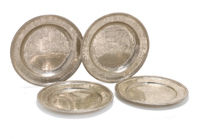 Two matched pairs of silver-plated plates