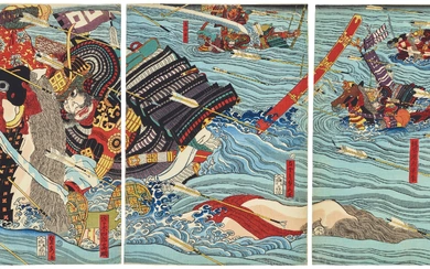 UTAGAWA KUNISADA (1786-1864) Ujikawa senjin arasoi no zu (Competition at the Battle of Uji River)