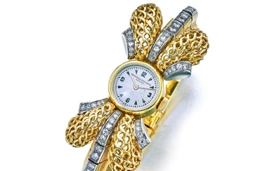 VACHERON CONSTANTIN | A YELLOW GOLD AND DIAMOND SET BOW FORM BRACELET WATCH CIRCA 1955 | 江詩丹頓 | 黃金鑲鑽石蝴蝶結造型鍊帶腕錶，年份約1955