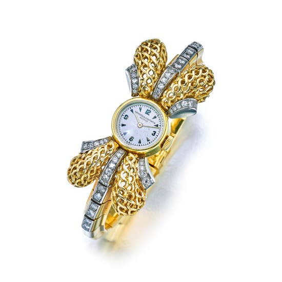 VACHERON CONSTANTIN | A YELLOW GOLD AND DIAMOND SET BOW FORM BRACELET WATCH CIRCA 1955 | 江詩丹頓 | 黃金鑲鑽石蝴蝶結造型鍊帶腕錶，年份約1955