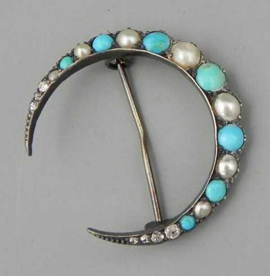 Victorian 10K Yellow Gold Crescent Brooch, mounted with