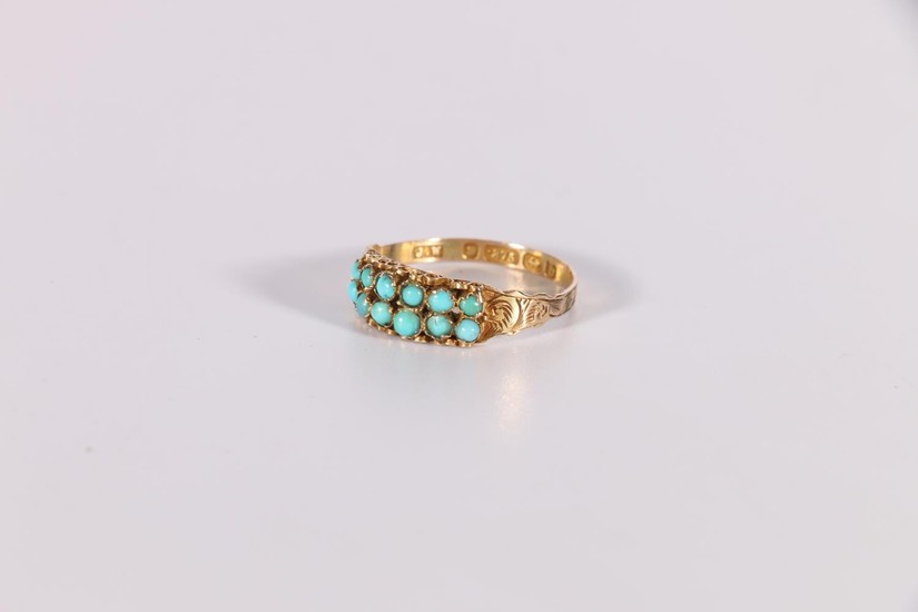 Victorian 9ct gold ring with two rows of turquoise engraved,...