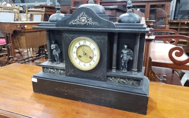 Victorian Slate Mantle Clock, of architectural with three cupolas, the centre enamelled chapter ring flanked by columned niched with...