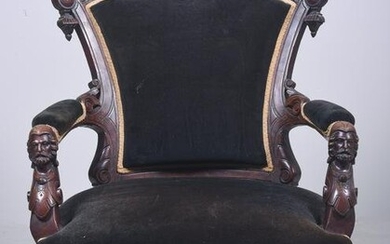 Victorian walnut figural carved open armchair