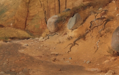 Vilhelm Petersen: “Studie af en skrænt i skoven”. Forest scene. Unsigned. Dated 30. August 1843. Oil on paper laid on cardboard. 18×26 cm.