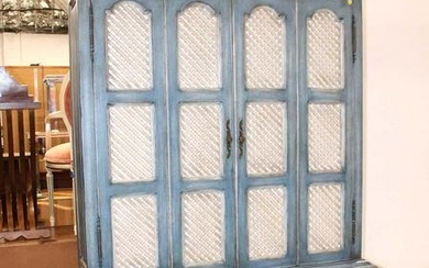Vintage 2pc paint decorated 4 door cupboards with louvre doors and basket of plenty decoration