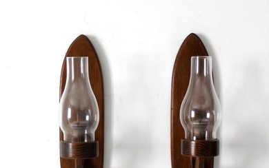 Vintage Hurricane Glass With Wood Candle Sconces Pair