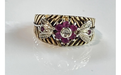 Vintage Rubies with Diamonds ring, 18ct. gold