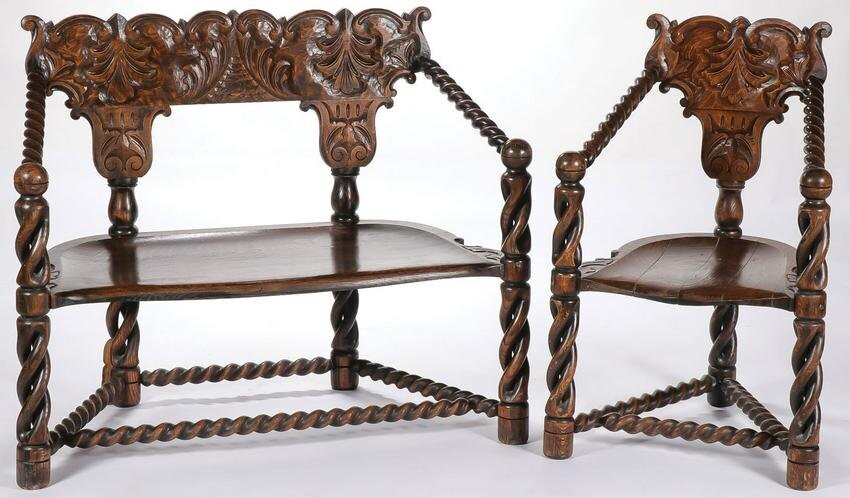 WHIMSICAL CARVED ALPINE CHAIR & BENCH