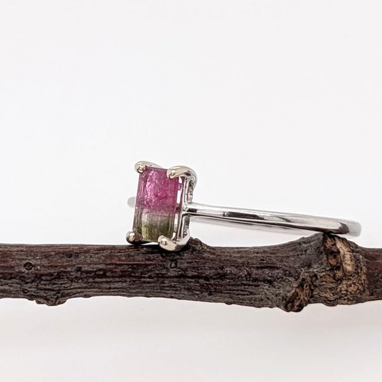 Watermelon Tourmaline Solitaire Ring in Solid 14K White Gold Emerald Cut 6x4mm