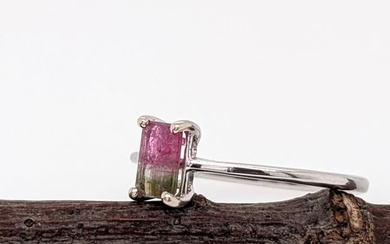Watermelon Tourmaline Solitaire Ring in Solid 14K White Gold Emerald Cut 6x4mm