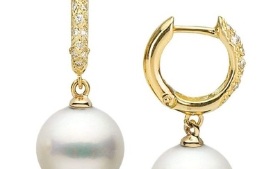 White South Sea Pearl and Large Diamond Hoop Earrings
