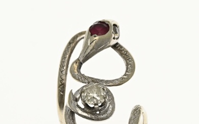 White gold snake ring with ruby and diamond.