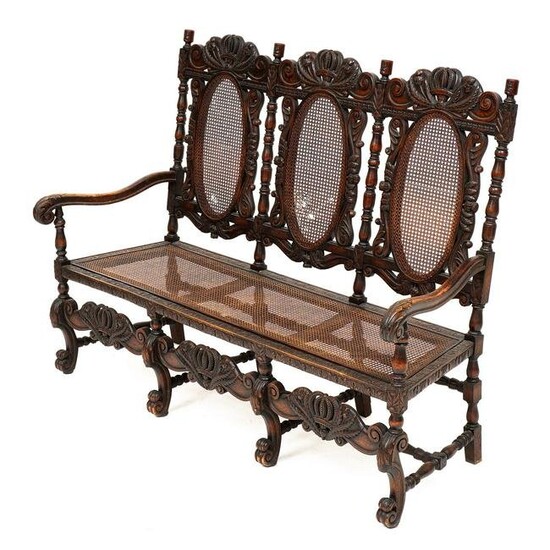 William and Mary Style Carved Caned Settee