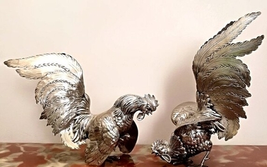 Wonderful Pair of Roosters (2) - .800 silver - Italy - First half 20th century