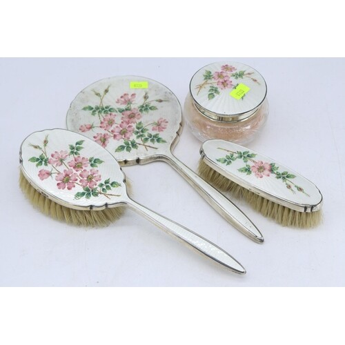 four piece silver and enamel dressing table items