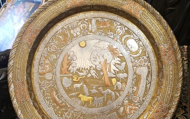 Exquisite silver and gold round tray with engravings of Torah events. Damascus