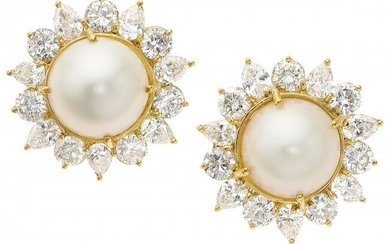 10038: South Sea Cultured Pearl, Diamond, Gold Earrings