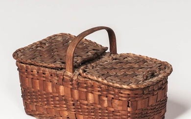 Miniature Double-top Basket, late 19th century, the rectangular body with two hinged lids, bentwood handle, ht. 5, wd. 8, dp. 4 1/2 in.