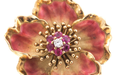 A Flower Brooch with Rubies & Diamonds in 18K