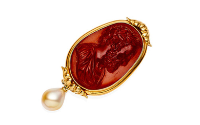 A glass cameo and cultured pearl brooch,, by Tony White