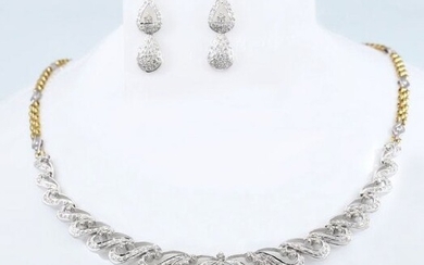 14 K White & Yellow Gold Diamond Necklace with Earrings
