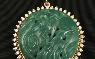 14K Y/G CARVED JADE AND DIAMOND PENDANT/PIN