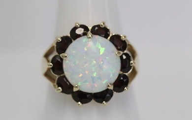 14K Y/G ring with natural opal & garnet stones