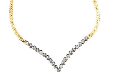 14K Yellow Gold Necklace with Flat Chain in V Style with Diamonds