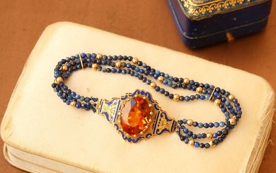 14k Victorian Citrine, Enamel & Lapis Lazuli Bead Bracelet