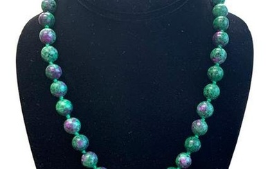18" Natural 10mm Pink & Green Round Gem Bead Necklace Accented With Silver Heart Clasp