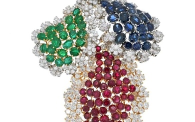 18K Two Tone Oversized Sapphire Ruby Emerald And Diamond Brooch