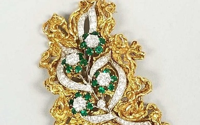18K white gold floral brooch set with diamonds and emeralds with yellow gold removable enhancer