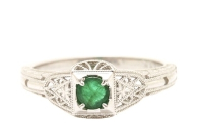 Art Deco 14K White Gold Emerald Ring