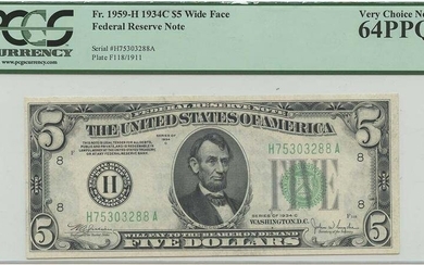 1934C $5 FRN Wide Face FR#1959-H PCGS 64 Very CH New PPQ