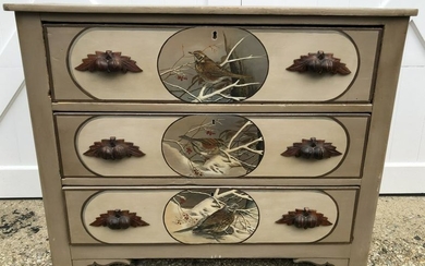 19th C Hand Painted Carved Dresser w Bird Motif