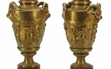 (2) FRENCH BRONZE DORE & ROUGE MARBLE CASSOLETTES