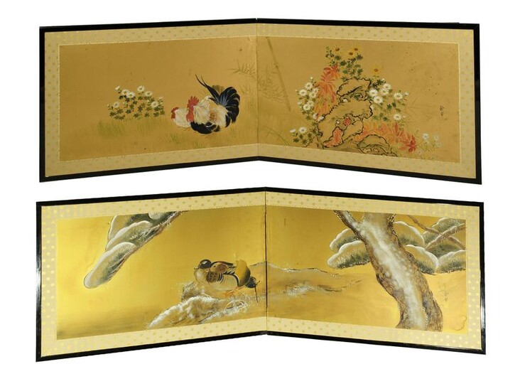 2 Painted Chinese 2 Panel Wall Screens with Birds