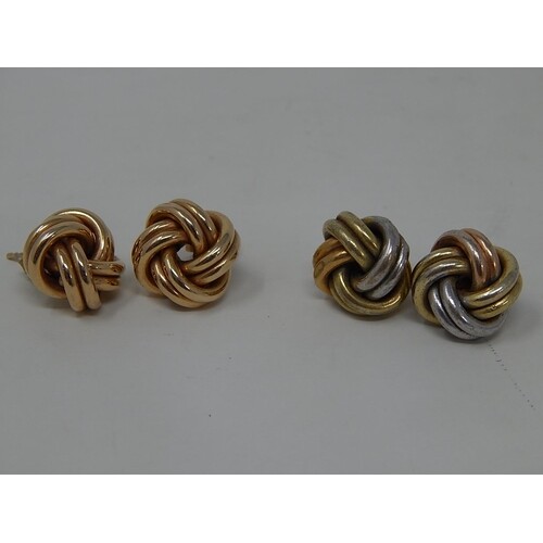 2 Pairs of 9ct Gold knot earrings inc. tri-tone: 6931