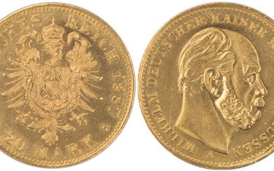 מטבע זהב, 20 מארק, מדינות גרמניה - פרוסיה 1887, זהב 900, משקל: 7.97 גרם, סימן מטבעה A, דיוקנו של וילהלם הראשון