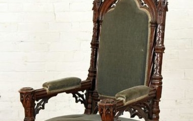 CARVED 19TH C. GOTHIC STYLE UPHOLSTERD ARM CHAIR