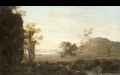 Marco Gozzi ( San Giovanni Bianco 1759 - Bergamo 1839 ) , (Attribuito) "Paesaggio con rovine" olio su tela (cm 37x58) In cornice