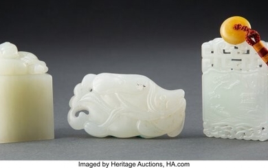 25038: A Group of Three Carved Celadon Jades 3 x 1-5/8