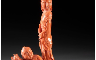 27138: A Chinese Carved Red Coral Figural Group 6-1x4 x