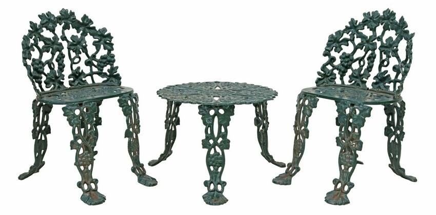 (3) CAST IRON GRAPEVINE GARDEN CHAIRS & TABLE