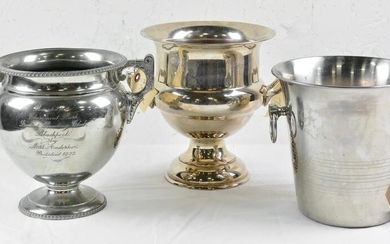 3 Silver Plate Items - 2 Trophy Urns & 1 Wine Bucket